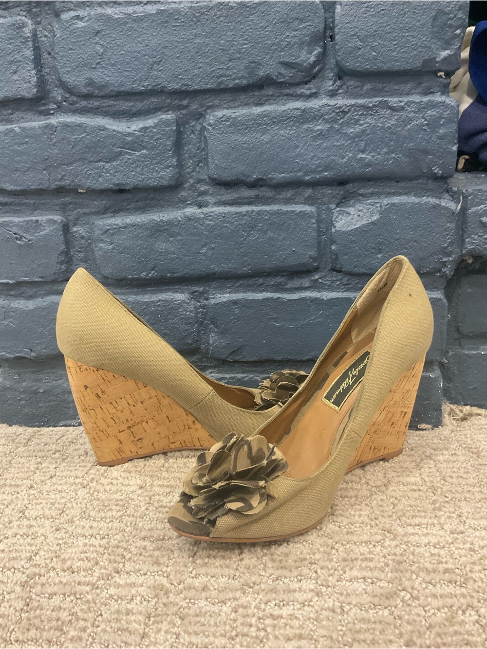 Beverly Feldman Olive Green Floral Peep-Toe Wedge Pumps